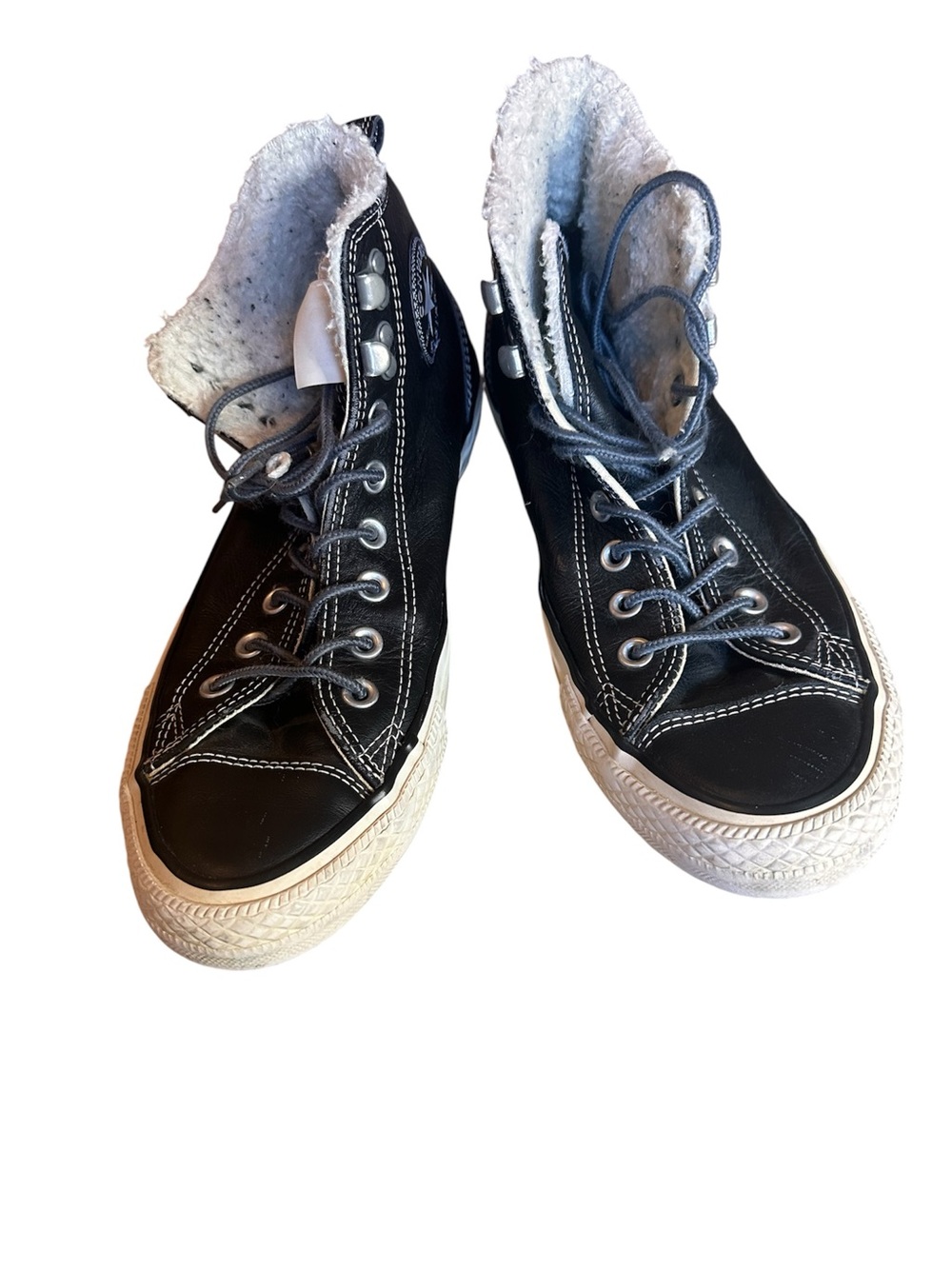 Unisex Converse Black High-Top Leather Sneakers/ Sherpa Collar Mens 8;Wome s 10